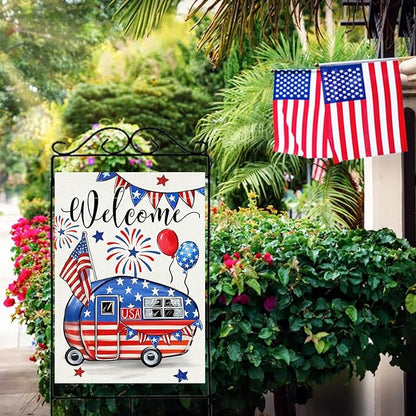 Welcome 4th of July Camping Patriotic Decorative House Flag, America Camper RV Stars Stripes Garden Yard Outside Decorations, American USA Campsite Outdoor Large Home Decor Double Sided 28 x 40