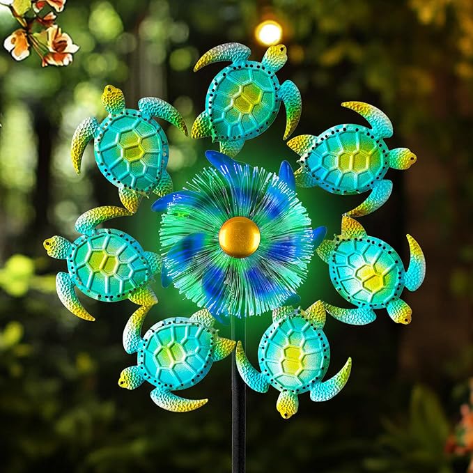 Solar Wind Spinners Outdoor - 51" Sea Turtle Metal Wind Sculptures Garden Stake with Waterproof Color Changing LED Lights 360° Windmill Kinetic Spinner for Yard Lawn Patio Decor
