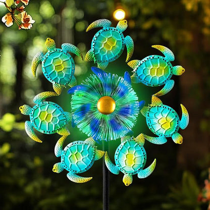 Solar Wind Spinners Outdoor - 51" Sea Turtle Metal Wind Sculptures Garden Stake with Waterproof Color Changing LED Lights 360° Windmill Kinetic Spinner for Yard Lawn Patio Decor