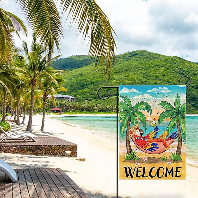 Welcome Summer Parrot Bird Decorative Garden Flag, Beach Coastal Tropical Palm Tree Yard Outside Decorations, Hawaii Sunset Nautical Seasonal Outdoor Small Home Decor Double Sided 12 x 18