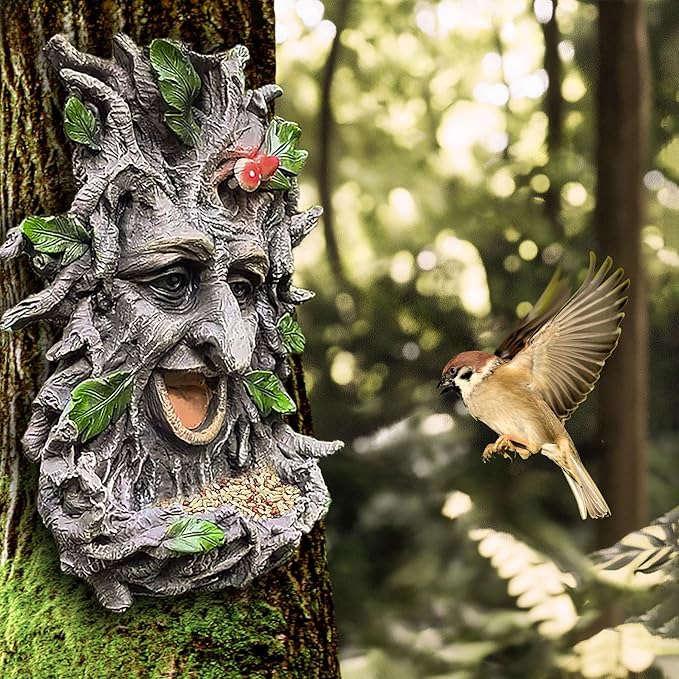 12" Real Tree Face Hugger Statue, Outdoor Garden Resin Bird Feeder Sculpture with Foliage Features, Fairy Elve Accent Yard Art, Halloween Trees Decorations Outdoor Wall Mounted Statue