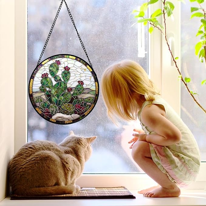 DASTOLL Stained Glass Window Hanging,Green Cactus Purple Flowers Suncatcher Diamond Glass Panel Sun Catchers Decor for Birthday for Women, Men, Wife, Aunt, and Mom 6.3 in