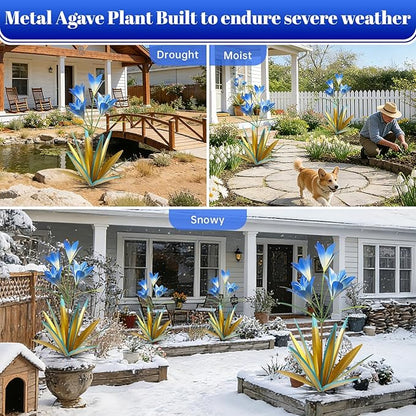 TOMBABY 32.28 Inch Metal Agave Plant Outdoor Decoration Lily Mexican Yard Art Garden Gift Home Decor Hand Painted Metal Agave Garden Yard Statue (1, Blue)