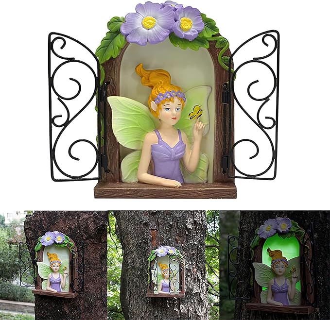 Fairy Garden Decor Fairy Door and Windows for Trees, Glow in The Dark Yard Sculpture Lawn Ornament Mini Garden Art Outdoor Decor Accessories with Lantern (Fairy in Window)