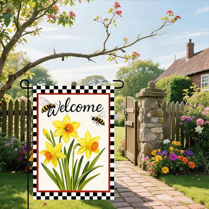 IVN Welcome Garden Flag 12x18 Inch Double Sided Spring Summer Garden Yard Flags Daffodils Bees Decorative Small Flags for Outdoor Seasonal Front Door Lawn Porch Patio Decor Yard Flag