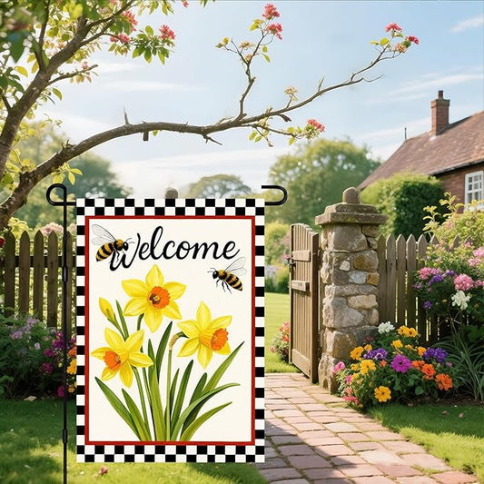 IVN Welcome Garden Flag 12x18 Inch Double Sided Spring Summer Garden Yard Flags Daffodils Bees Decorative Small Flags for Outdoor Seasonal Front Door Lawn Porch Patio Decor Yard Flag