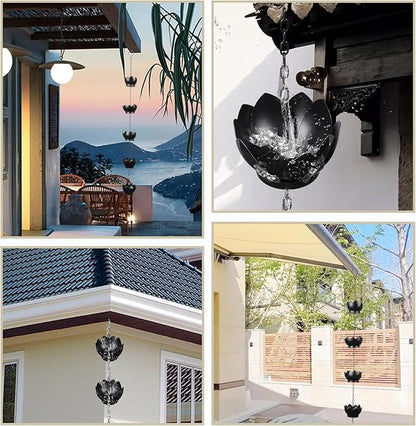4.2ft Rain Chains for Downspout, Metal Lotus Rain Chain 5 Lotus Rain Chain Cups, Adjustable Rain Catcher Chain for Eaves Drainage, Replacement for Downspout, Gardens Patios & Home Decor