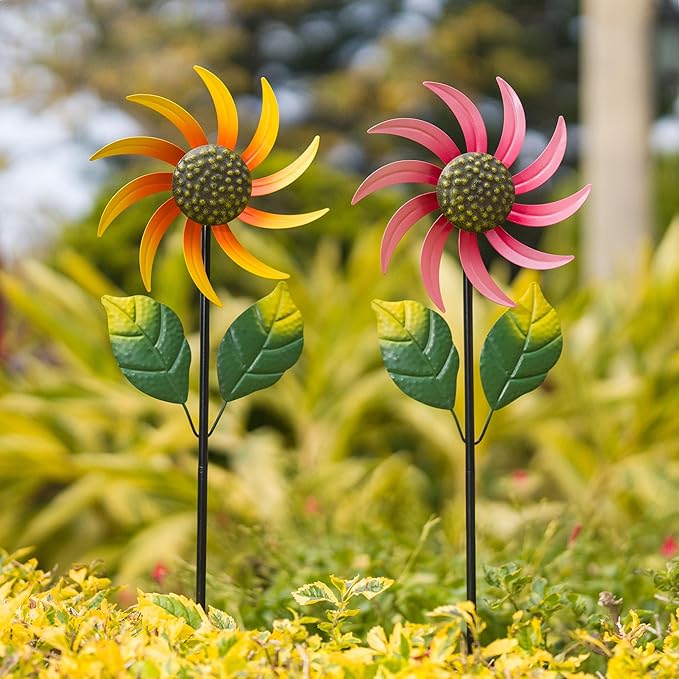 2 Pack Flower Wind Spinners Outdoor, Colorful Wind Sculptures & Spinners with Stake, Metal Windmill for Yard Patio Lawn Garden Decor, 31 x 8 Inches