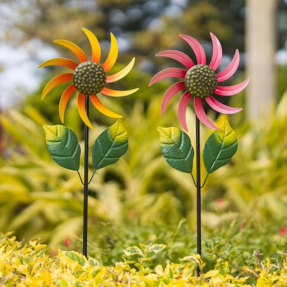 2 Pack Flower Wind Spinners Outdoor, Colorful Wind Sculptures & Spinners with Stake, Metal Windmill for Yard Patio Lawn Garden Decor, 31 x 8 Inches