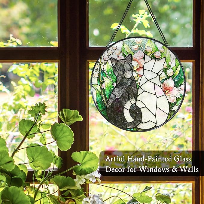 Black White Cats Stained Glass Window Hanging Suncatcher Gifts for Cat Lovers, Lily of The Valley Flower Sun Catcher Indoor Decor, Cat Plant Painted Glass Hanging Decorations, 7.8x7.8 in