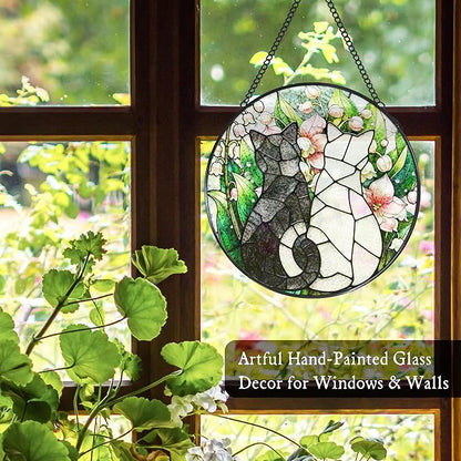Black White Cats Stained Glass Window Hanging Suncatcher Gifts for Cat Lovers, Lily of The Valley Flower Sun Catcher Indoor Decor, Cat Plant Painted Glass Hanging Decorations, 7.8x7.8 in