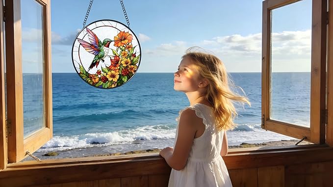 Stained Glass Window Hanging - Hummingbirds are Collecting Nectar 6.3 Inches Suncatcher for Garden Home Decor for Women Mon Grandma Friends