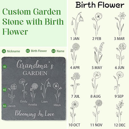Personalized Garden Stone with Birth Flower Personalized Gifts for Grandma, Mom, Her, Women - Gifts for Mothers Day, Birthday, Christmas, Valentines - Birth Flower Gifts