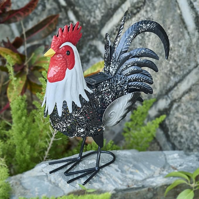 Metal Rooster Statue Yard Decor - 15" Solar Light Metal Yard Art Standing Chicken Statue Garden Decoration, Large Animal Sculpture Chicken Figture for Outdoor Porch Patio Backyard Lawn Ornament