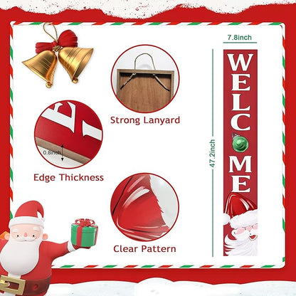 Christmas Welcome Porch Sign Decor Santa Wooden Hanging Sign Door Porch Standing Decorative Signs Plaques for Front Door Farmhouse Outdoor Indoor Welcome Sign Wall Craft Decor 47.2"H