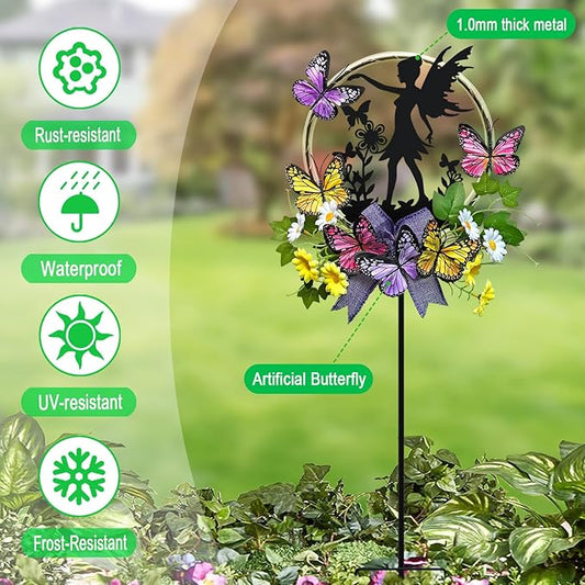 Solar Fairy Garden Decor, Silhouette Fairy with Butterflies Garden Stake,Waterproof for Outside,Walkway,Yard,Lawn,Patio
