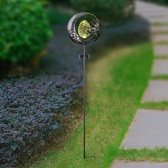 Exhart Garden Stake, Sun and Moon Solar Garden Sculpture, LED Amber Crackle Glass Orb, Silver Metal Outdoor Lawn Decor and Yard Art, 8.5 x 3 x 38 Inch