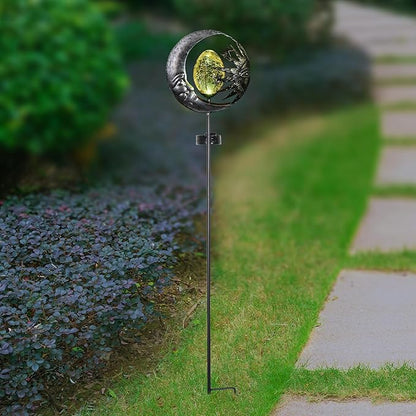 Exhart Garden Stake, Sun and Moon Solar Garden Sculpture, LED Amber Crackle Glass Orb, Silver Metal Outdoor Lawn Decor and Yard Art, 8.5 x 3 x 38 Inch
