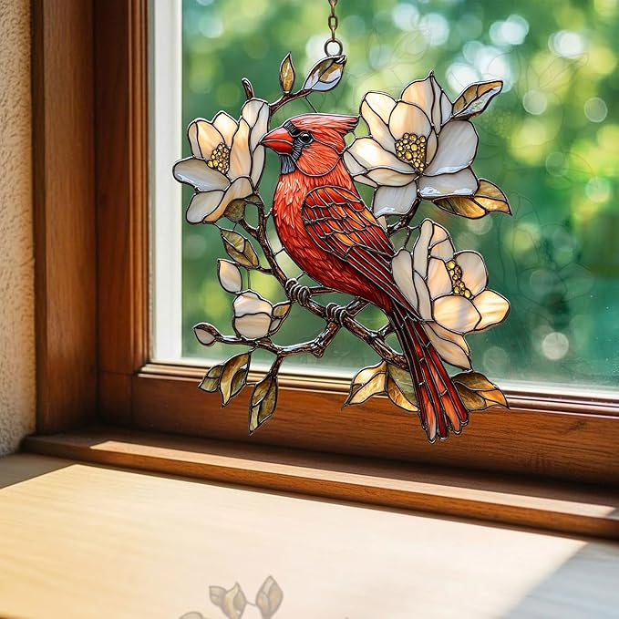 Vivid Cardinal Floral Tiffany Art Acrylic Suncatcher Stained Glass Effect Window Car Hanging Christmas Ornament Indoor Outdoor Decor Garden Sun Catcher Panel for Cardinal Lover for Women Mom Grandma