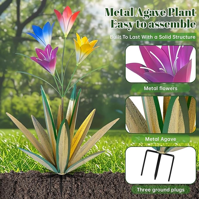 TOMBABY 32.28 Inch Metal Agave Plant Outdoor Decoration Lily Mexican Yard Art Garden Gift Home Decor Hand Painted Metal Agave Garden Yard Statue (1, Grass Green)