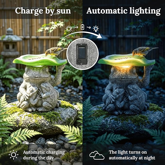 MXwcy Solar Garden Lights Frog Statue Bird Feeder, 7.87" Resin Frog Family Statue Solar Garden Decor, Solar Lights Outdoor Waterproof for Yard Patio Lawn, Frog Gifts for Women Mom Grandma