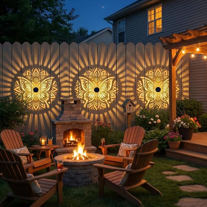 2 Pack Solar Fence Lights Metal Solar Powered Outdoor Wall Deck Step Lights Butterfly Mandala Theme Waterproof Fence Light for Garden Post Patio Backyard Yard Decor, Gardening Gifts for Women Mom