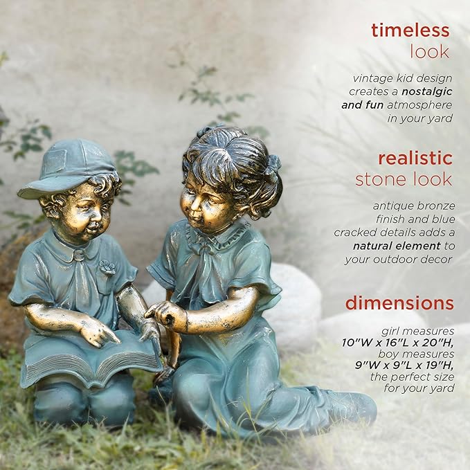 Alpine Corporation GXT258A Outdoor Finely Sculpted Boy and Girl Reading Book Garden Statue, 19"H, Bronze