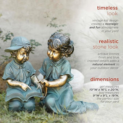 Alpine Corporation GXT258A Outdoor Finely Sculpted Boy and Girl Reading Book Garden Statue, 19"H, Bronze