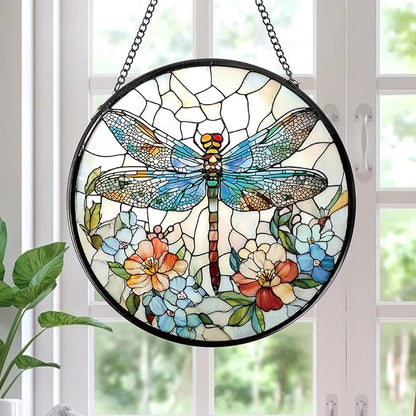 Rngmsi Dragonfly and Flower Stained Glass Window Hanging Gifts, 7.8″ Sun Catchers for Indoor Window Decor, Decorative Sun Catchers Home Wall Art Gift for Thanksgiving Christmas Housewarming