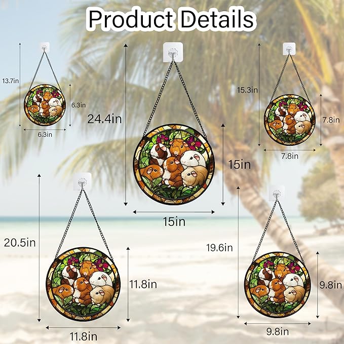 Stained Glass Window Hanging 6 Cute White Brown Guinea Pigs Large 11.8" - Suncatcher Door Garden Sunroom Sun Catcher Decor Birthday Christmas for Mom Men Woman Nana Friend