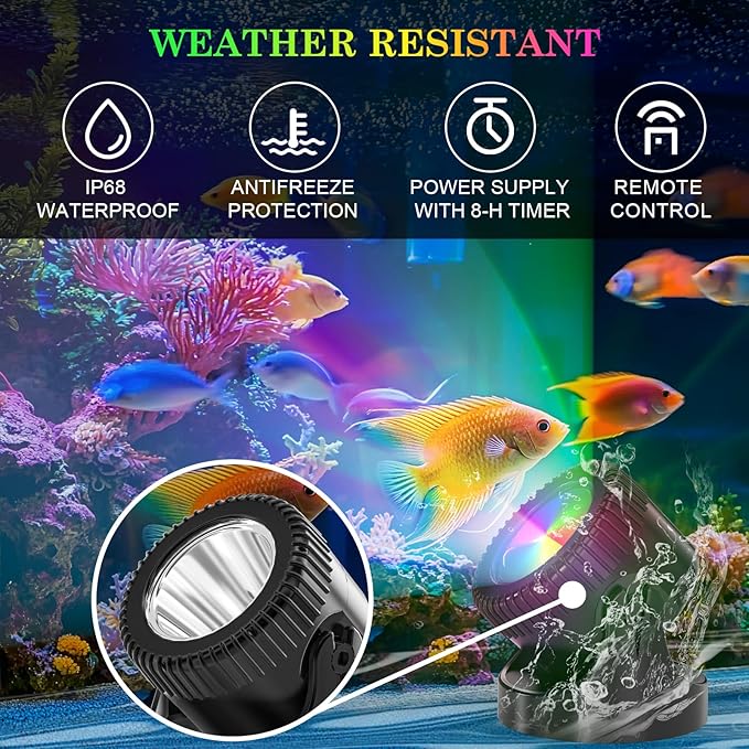 SoulBay Pond Lights with Remote, 4pcs RGB IP68 Waterproof Underwater LED Lights with 8-H Timer and Power Supply for Pond Garden Landscape Lighting for Patio, Garden, Fountain, Aquarium Decoration