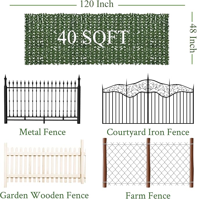 Artificial Ivy Privacy Fence Screen: 48"x 120" (40 Sqft) Anti-Ultraviolet Artificial Hedge Grass Wall, Used for Indoor and Outdoor Green Background, Garden Greening Decoration