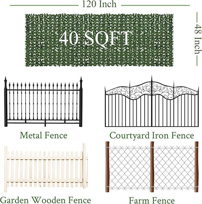 Artificial Ivy Privacy Fence Screen: 48"x 120" (40 Sqft) Anti-Ultraviolet Artificial Hedge Grass Wall, Used for Indoor and Outdoor Green Background, Garden Greening Decoration