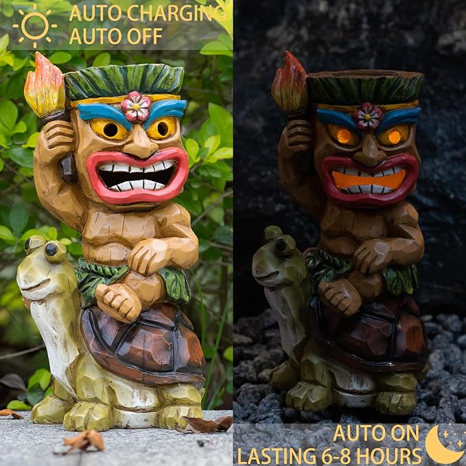 Tiki Outdoor Statue with Turtle Decor - Solar Powered Garden Figurine Tiki Art for Tiki Bar,Backyard,Garden,Yard,Flowerbed,Walkway,Patio,Lawn,Porch Decorations,Gifts