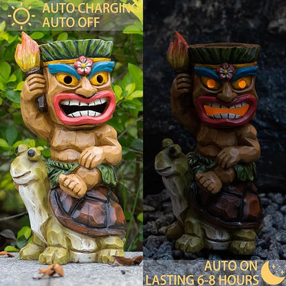Tiki Outdoor Statue with Turtle Decor - Solar Powered Garden Figurine Tiki Art for Tiki Bar,Backyard,Garden,Yard,Flowerbed,Walkway,Patio,Lawn,Porch Decorations,Gifts
