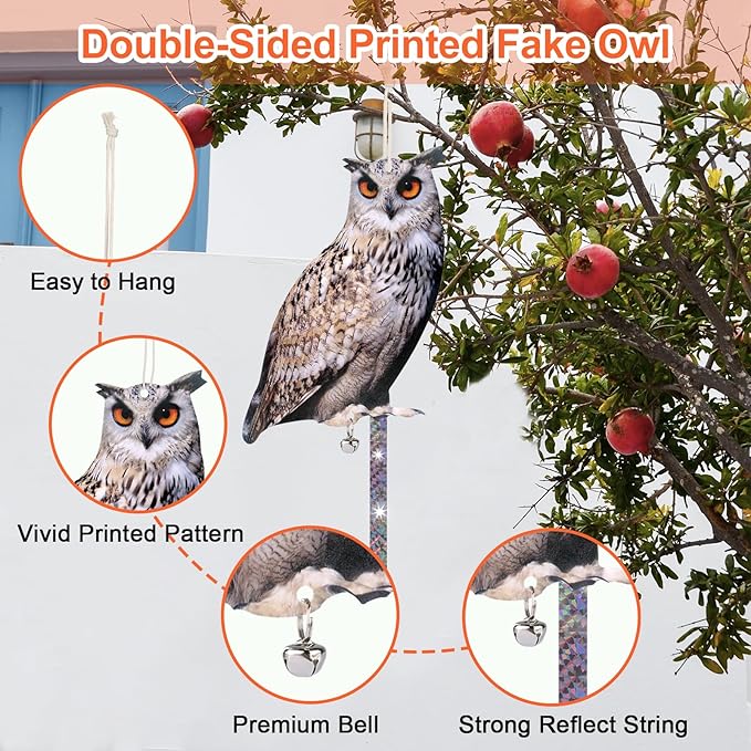 3 Pack Bird Scare Owl Fake Owl, Reflective Hanging Bird Decoration, Effective Bird Control Device to Keep Birds Pigeon Woodpecker Away from Patio Garden