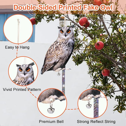 4PCS Hanging Flat Fake Owl to Keep Pigeon Away from Balcony Garden Owls with Reflective Tape Plastic Owl to Scare Woodpecker Squirrel for Tree Outdoor House Outsider Yard Window Patio Porch
