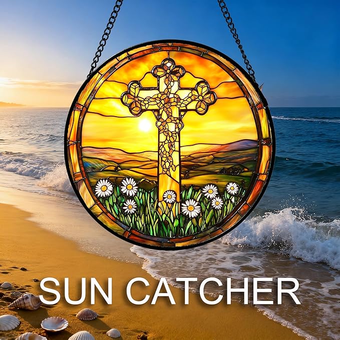 DASTOLL Christian Gifts for Women - Cross Stained Glass Window Hanging Easter Golden Sun Sunset Flower Sun Catcher Garden Religion Decor Mother's Day Catholic Gift for Men Grandma Nana Her 9.8"