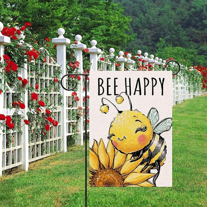 Artofy Spring Summer Bumble Bee Sunflower Small Decorative Garden Flag, Bee Happy Flower Floral Yard Lawn Outside Decor, Honeybee Seasonal Burlap Outdoor Home Decoration Double Sided 12 x 18