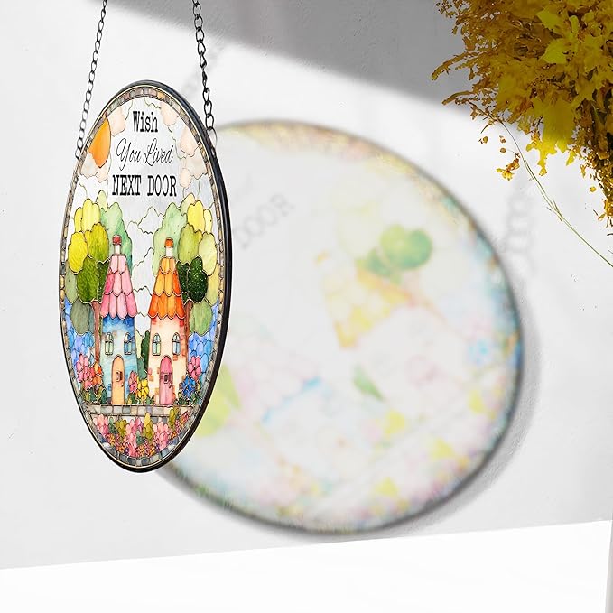 FIVITY Stained Glass Window Hanging 7.8" Wish You Lived Next Door Suncatcher Couple Friendship Stained Glass Ornament Long Distance Housewarming Valentines Moving Away Gift for Women Men Soulma