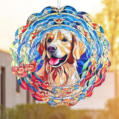 Wind Spinner Mandala 12 inch 3D Stainless Steel Laser Cut Metal Art Geometric Pattern Hanging Wind Spinner (Dog)