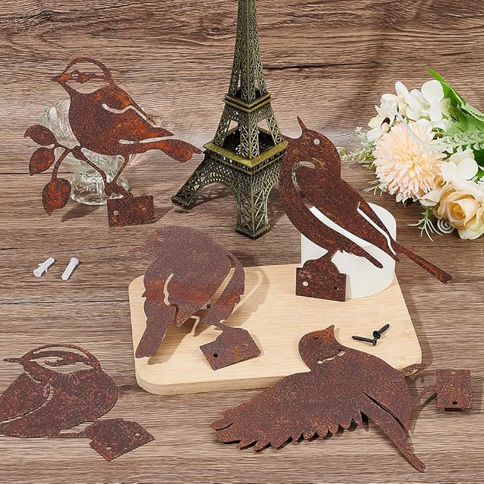 CREATCABIN 5Pcs Rusty Birds Fence Decoration Outdoor Birds Decor for Yard Art Metal Craft Statue Ornaments Iron Sculptures Stakes Rustic Garden Decor for Farmhouse Yard Wall