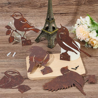 CREATCABIN 5Pcs Rusty Birds Fence Decoration Outdoor Birds Decor for Yard Art Metal Craft Statue Ornaments Iron Sculptures Stakes Rustic Garden Decor for Farmhouse Yard Wall