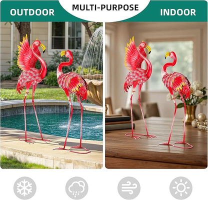 Extra-Large Flamingo Statue, 36.5" Handmade Metal Flamingo Yard Decor with Ground Stakes, Unique Outdoor Lawn Ornaments for Garden Patio, Vintage Pink Sculpture Gift for Housewarming Party