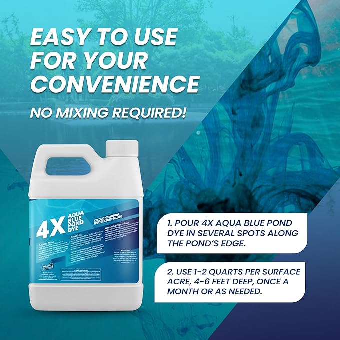 32oz Aqua Blue Pond Dye 4X Concentrate, Lake & Pond Dye Blue for Aqua Colored Water, Ideal Lake Colorant, Aquashade Colorant that Protects Against Sunlight - Ideal for Fish and Wildlife