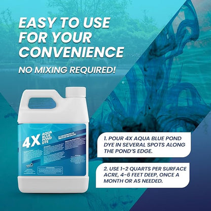 32oz Aqua Blue Pond Dye 4X Concentrate, Lake & Pond Dye Blue for Aqua Colored Water, Ideal Lake Colorant, Aquashade Colorant that Protects Against Sunlight - Ideal for Fish and Wildlife