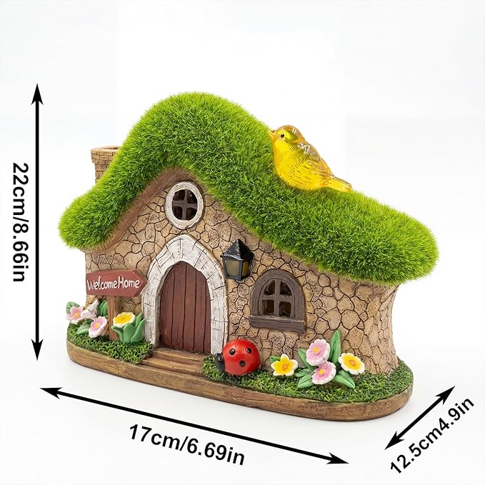 Resin Fairy House Statues with Solar Lights Outdoor for Garden Decor Funny Birds Ladybird Flocked Fairy House with Garden Figurine Patio Yard Lawn Decorations Gift for Mom Women (Green)