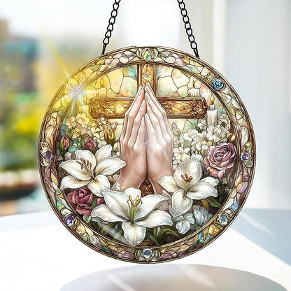 Bimkole Lily Stained Glass Suncatcher Window Hanging - Religion Indoor Window or Doorway Decoration - Handmade Sun Catcher Decor for Garden Home Christmas & Birthday Gifts 7.87x7.87 inch