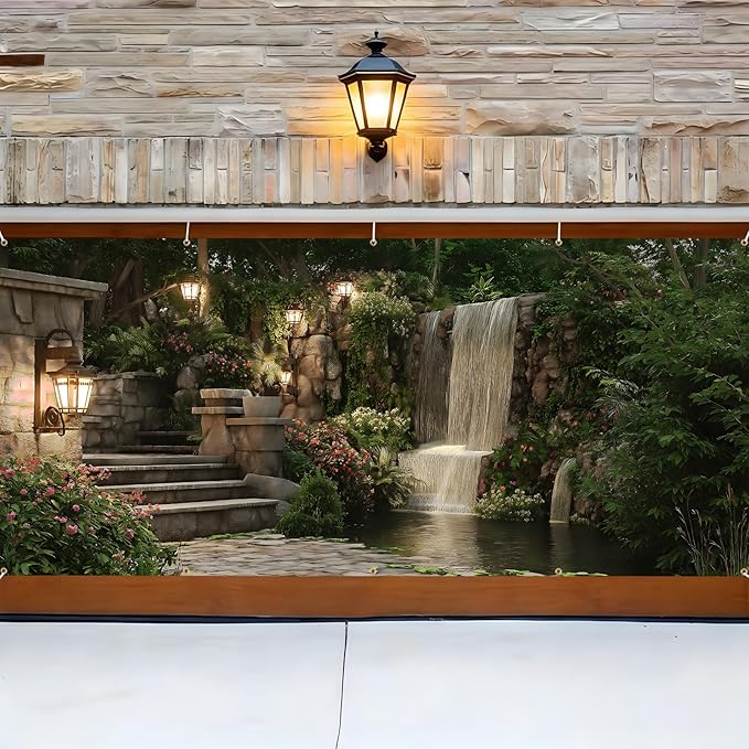 Garage door banner cover, 6x13 ft beautiful garden scene with flowers and waterfalls background, Large Outdoor Backyard Landscape Decoration (Garden Waterfall)