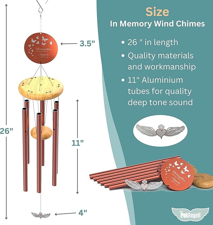 Sympathy Memorial Wind Chimes for Loss of Loved One - Large 26" Bronze Bereavement Gift for Outdoors, in Memory of Mother, Father, or Dog